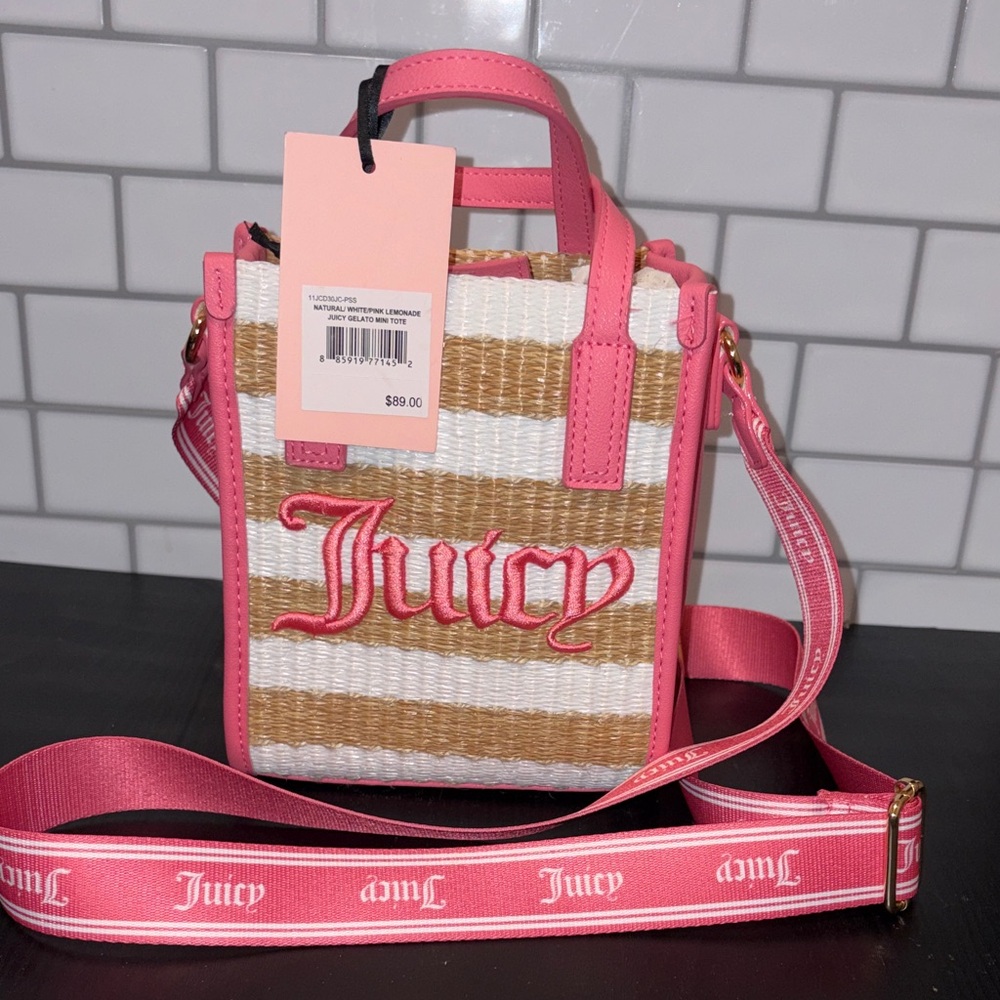 Juicy Couture Pink & Straw Striped Crossbody Mini Tote